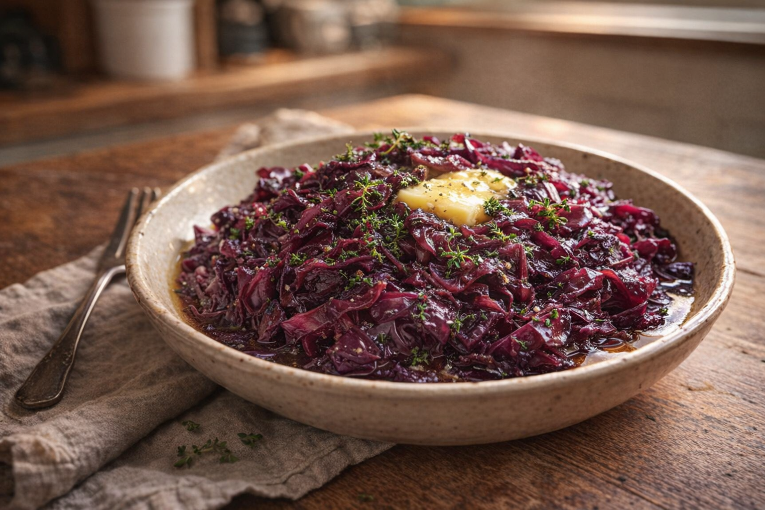 A beautifully plated braised red cabbage dish with herbs, glistening with a touch of butter, warm light, rustic table setting
